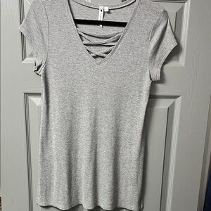 Women’s Grey Cap Sleeve V-Neck Top with Crisscross Detail
